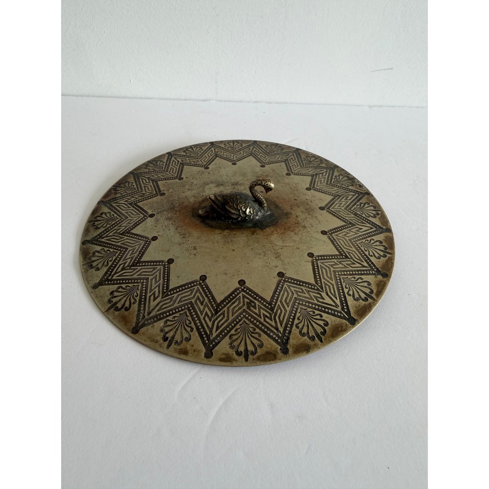 Vintage Etched Brass Lid Swan Finial Greek Key Starburst Pattern 5.25 Inch